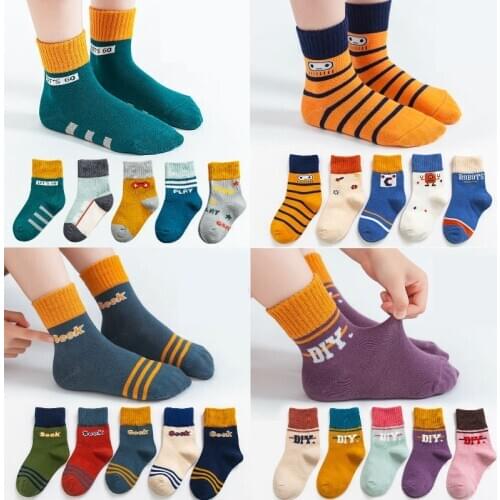 5Pairs Baby Boys Winter Socks Cartoon Kids Spring Winter Cotton Breathable Keep Warm Floor Anti-skid Girls Socks