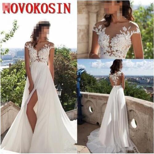 Simple Elegant Chiffon Bohemian Wedding Dresses 2019 Sheer Neck Lace Appliques Cap Sleeves Thigh-High Splits Beach Bridal Gowns