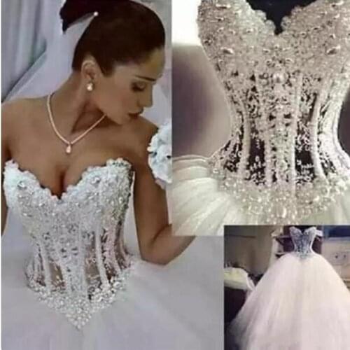 Simple Wedding Dresses Sweetheart Corset See Through Floor Length Princess Bridal Gowns Beaded Lace Pearls Custom Made Bridal