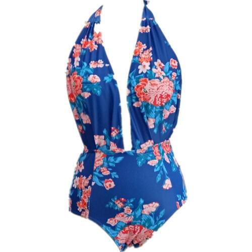 Retro One Piece Swimwear Backless Halter Bather Swimsuit Surplice Neckline High Waisted Push Up Swimsuits