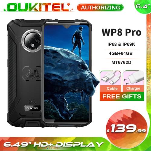 OUKITEL WP8 Pro IP68 Waterproof Mobile Phone NFC 6.49'' HD+ Display 4GB 64GB MT6762D Octa Core Android 10 Smartphone 5000mAh