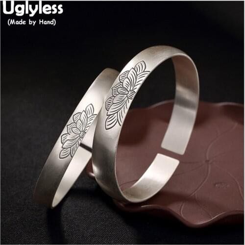 Uglyless 100% Real Solid 999 Pure Silver Lotus Wide Bangles for Women Thai Silver Open Bangle Handmade Ethnic Floral Bracelets