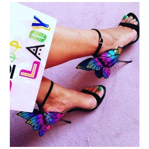 Moraima Snc Colorful Butterfly Wings Decorations High Heel Shoes Summer Open Toe Ankle Strap Woman Sandal Dress Shoes