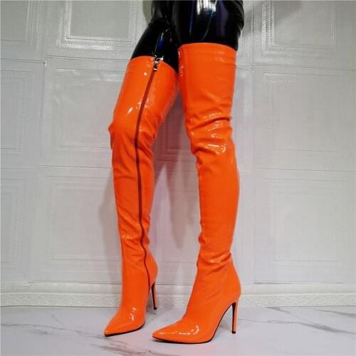 2022 Women Crotch High Neon Boots Shiny Leather Long Zipper High Heels Over the Boots Ladies Shoes Woman Large Size 44 45 46 47