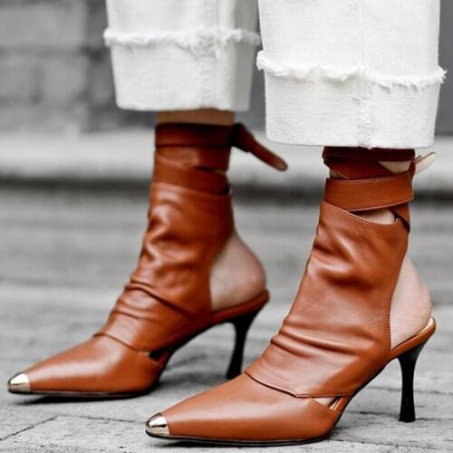 Women Leather Shoes Back Cut Out Lace Up Ankle Strap New Arrivals Booties Pointed Metallic Toe Pumps Solid Stiletto Heels 2019