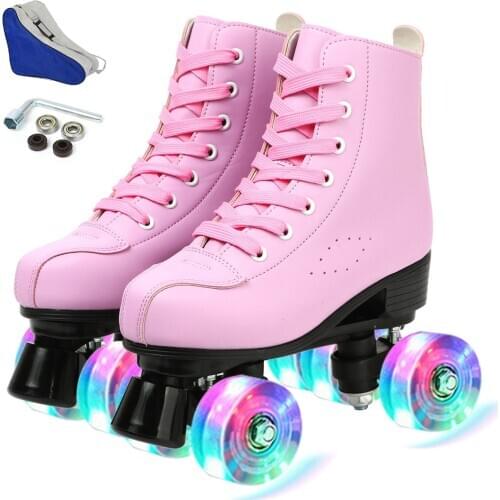 Women Pink PU Leather Roller Skates Skating Shoes Sliding Inline Quad Skates Sneakers Training Europe Size 4 Wheels Flash Wheel