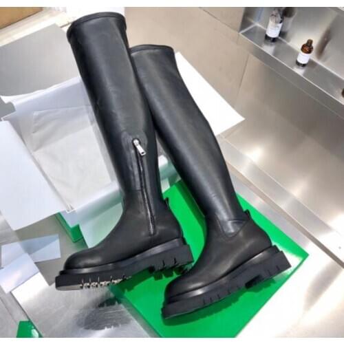 Moraima Snc Stretch Leather Woman Boots Round Toe Black Over the Knee Flat Shoe Sexy Thigh High Boots Lady Long Shoe