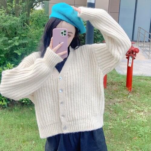 JUNWU Za 2021Spring Autumn Women Beige v-Neck Single-Breasted Long-Sleeved Loose Elastic Long-Sleeved Sweater Jacket Girly Style