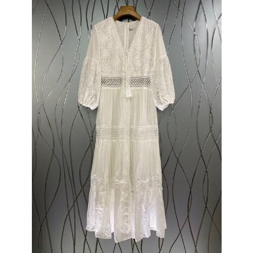 Sexy V-Neck Long Dress 2021 Autumn Fashion Clothing Women Hollow Out Embroidery Lantern Sleeve Casual White Maxi Dress Boho XL