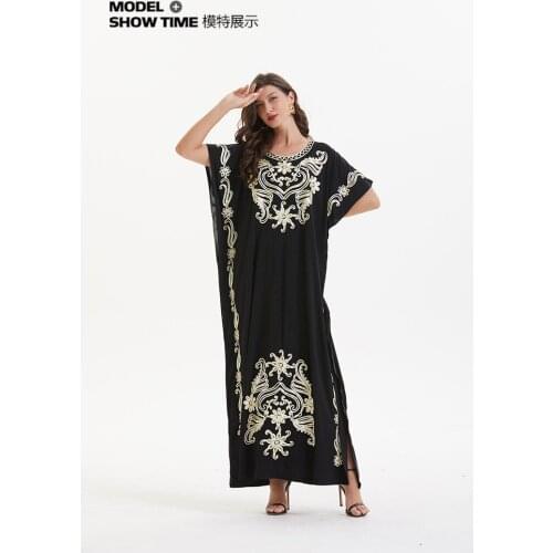 Mesh Embroidered Abaya Dress Women Muslim Moroccan Kaftan Dubai Turkey Arabic Jalabiya Black Ethnic Robe Mubarak Eid