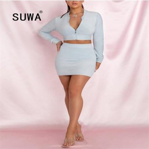 Winter Blue Casual Two Pieces Set Glitter Letter Top Mini Skirt Autumn Women Clothes Elegant Sexy 2 Pieces Outfit 2021 Wholesale