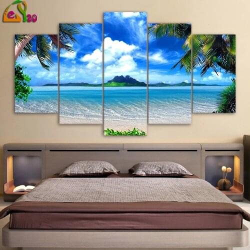 5d Diamond Painting Cross Stitch Kits Pictures Modern Living Room 5 Panel Beach Blue Palm Trees Decor Poster 5 Pieces Painting