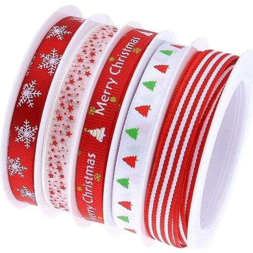 5m all style 1cm wide Hot selling printed christmas ribbon gift packaging Christmas decoration red stripe Rowan ribbon set