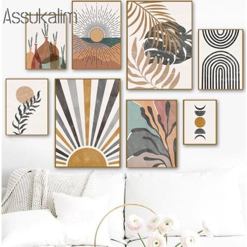 Abstract Poster Sun Moon Scene Canvas Painting Plant Leaves Art Print Monstera Prints Boho Wall Pictures For Living Room Decor