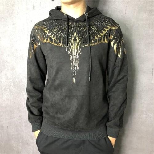 Freeship mens black/red/white rhinestone printing wing fahsion hooded long sleeve T shirt /leisure/Asia size