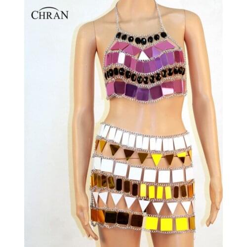 Chran Mirror Perspex Rave Chain Bra Crop Top Halter Body Necklace Metallic EDC Skirt Wear Burning Man Outfit Jewelry CRM801