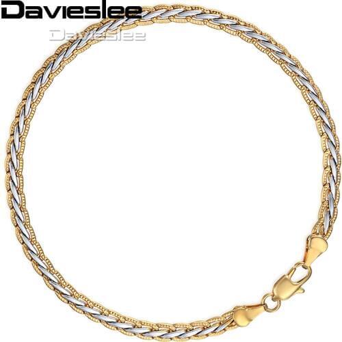 Davieslee Mens Womens Unisex Hammered Braided Bracelet Wristband Bangle Chain White Yellow Gold-color Wheat Link 4mm LGB407