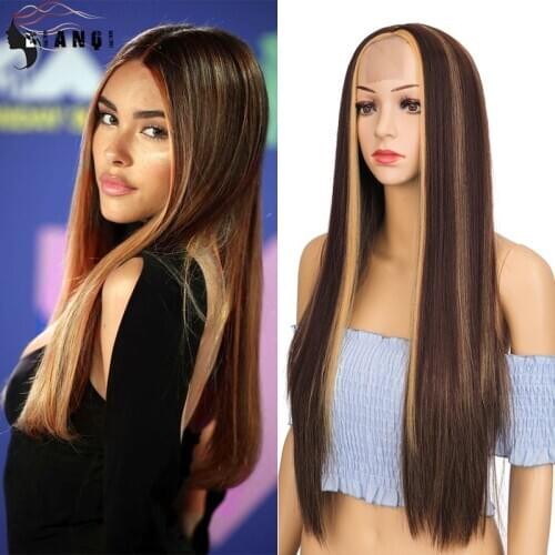DIANQI 28 Inch Long Straight Ombre Brown Yellow Wig Synthetic Middle Part Hair For Women Natural Hairline Cosplay Wig