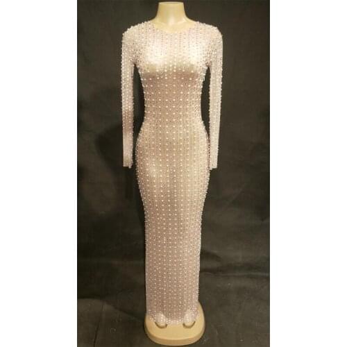 Women Sexy Stage Mesh See Through Dress Pearls Silver Bling Sparkling Crystals Nightclub Party Stage Wear Singer Dance Costumes