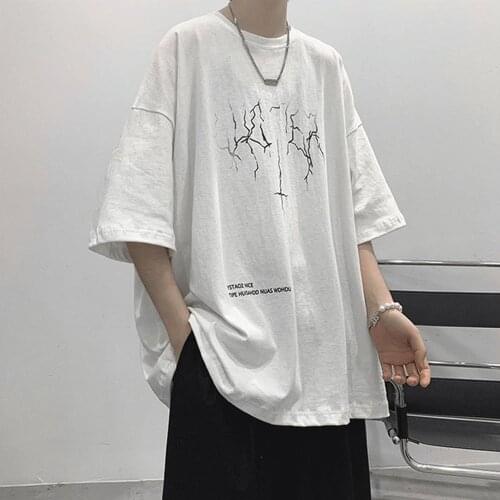 Oversized T-shirt mens lightning print solid color shirt spring and summer new round neck casual Japanese mens short sleeves