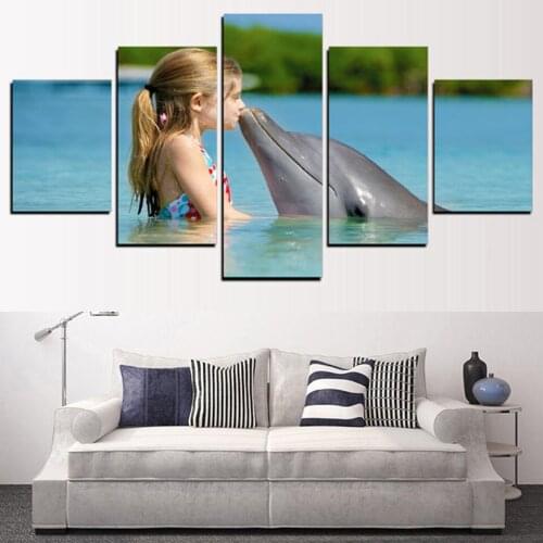 Living Room Art Painting Modular Framework 5 Panel Small Girl And Dolphin Home Decor HD Printed Modern Canvas