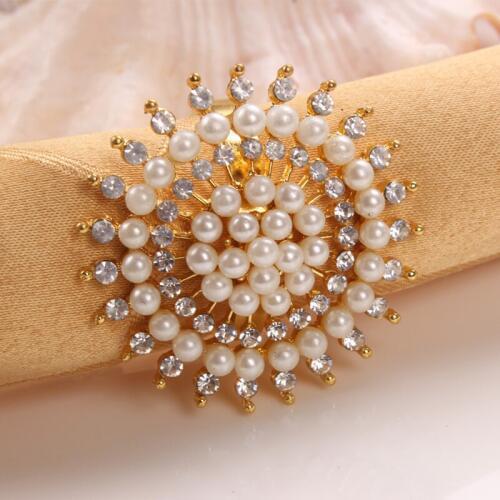 Luxury Shiny Gold Plating with White Pearls and Clear Crystals Jeweled Sunflower Design Metal Alloy Napkin Rings Set of 6 Pieces
