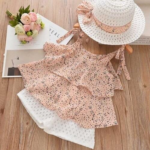 Girls Clothing Set 2021 Summer Kids Clothes Floral Chiffon Halter+Embroidered Shorts Straw Children Clothing Kids Clothes Girls