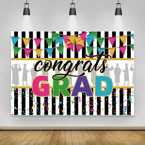 Laeacco Congrats Grad Class of 2021 Graduation Party Black White Stripes Buntings Poster Photo Backdrop Photography Background