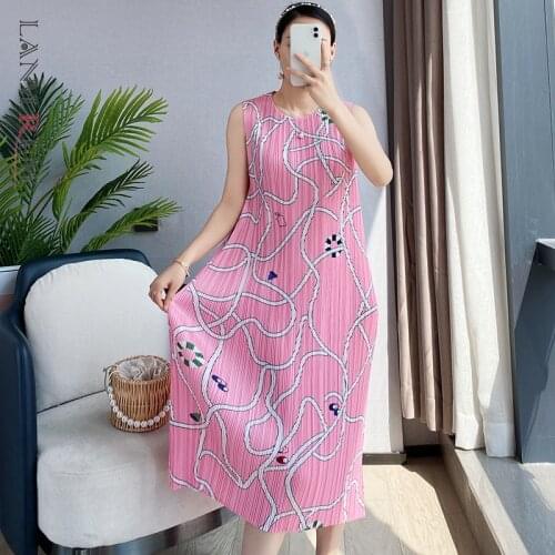 LANMREM 2021 Summer Pleated Dress Women Round Neck Sleeveless Printing Female Vintage Split Side Pink Dresses 2D3741