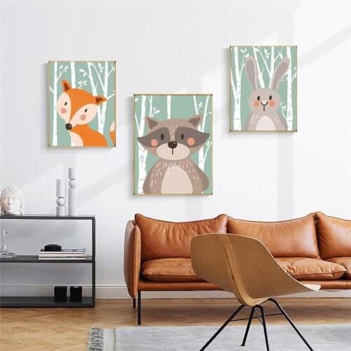 Cute Rabbit Bear Fox Canvas Painting Cartoon Animal Poster Print Picture Wall Art for Childs Bedroom Nursery Decor Paintings