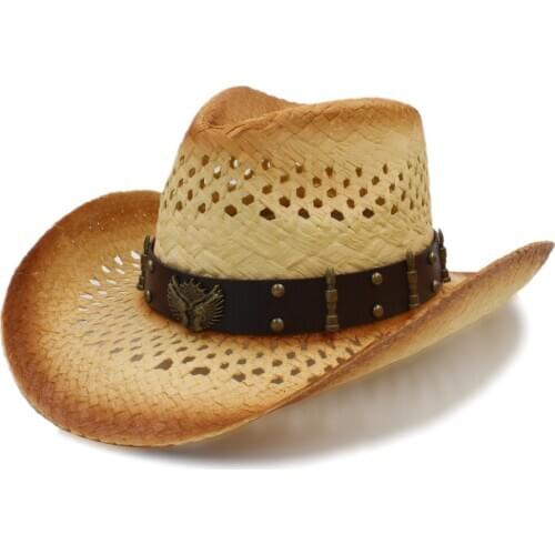 Fashion Women Men Straw Western Cowboy Hat With Punk Leather Band Handmade Weave Sombrero Cowgirl Jazz Hat Size 58CM A0138