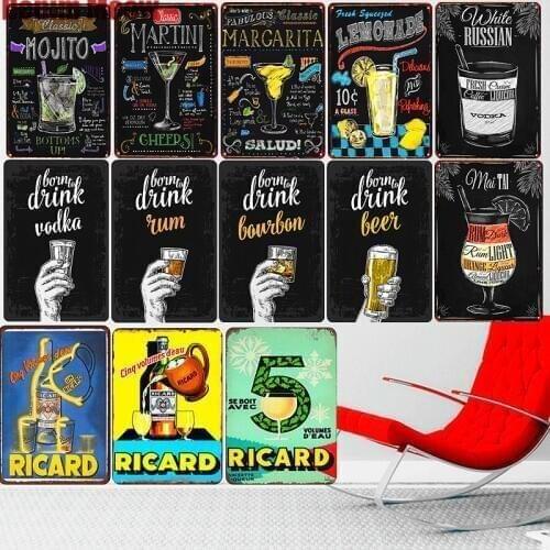 Mojito Martini Vodka Vintage Metal Sign Home Bar Pub Decorative Plates Beer Art Painting Ricard Wall Stickers Decor 30*20cm A112