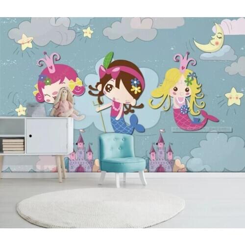 Cartoon fantasy mermaid castle moon childrens room background wall paper decoration wallpaper murals