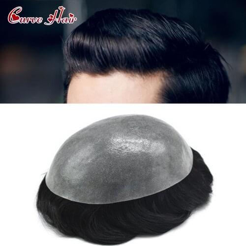 Toupee Men Hairpieces Full Pu Human Hair Thin Skin V-Loop Men Replacement systems Poly Thickness 0.12mm Capillary Prosthesis