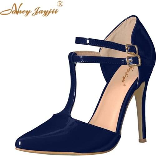 Nancyjayjii Woman Shoes Female Pumps Patent Leather Blue/Red Solid Super High thin heel T-Strap Bukle Strap Casual Classics