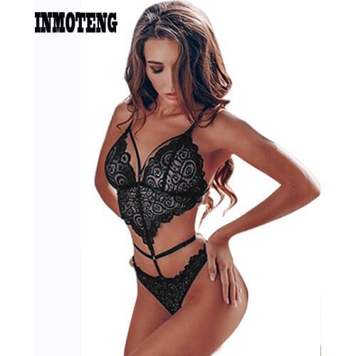 INMOTENG Black Sexy Lace V Neck Cut Out Bodysuit Lingerie One Piece