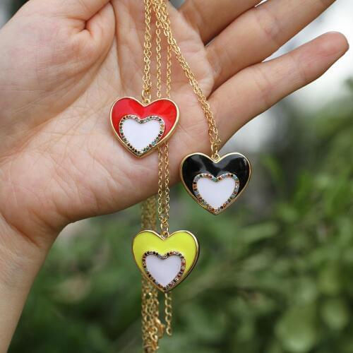 Heart-shaped enamel pendant necklace, cubic zirconia enamel gold necklace, suitable for girls