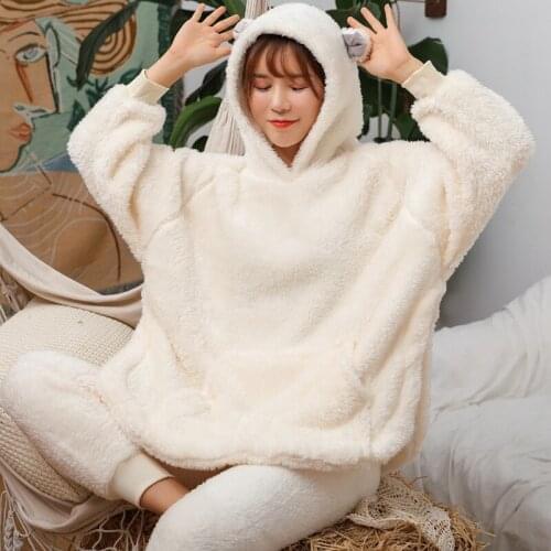 Pajama suit hooded autumn/winter new flannel womens casual home wear warm long-sleeve loose simple suit pijama mujer 2020
