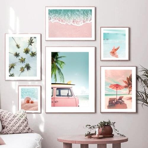 Beach Waves Parasol Shell Van Palm Coconut Tree Nordic Poster Wall Art Print Canvas Painting Plant Decor Picture For Living Room