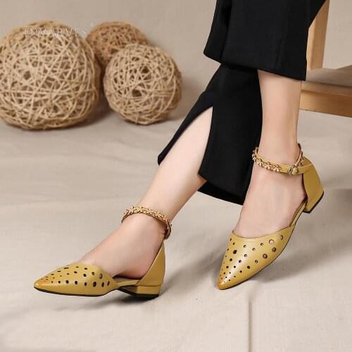 Handmade Sandals Women Genuine Leather Hollow Out Pointed Toe Buckle Strap Ladies Summer Shoes