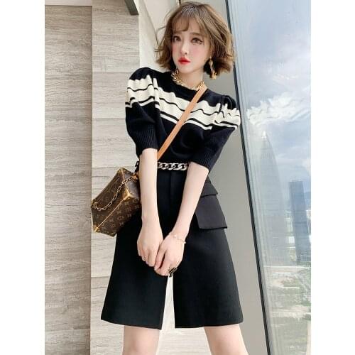 Contrasting striped round neck sweater + personalized stitching skirt pants wide leg pants suit womens new fall 2020