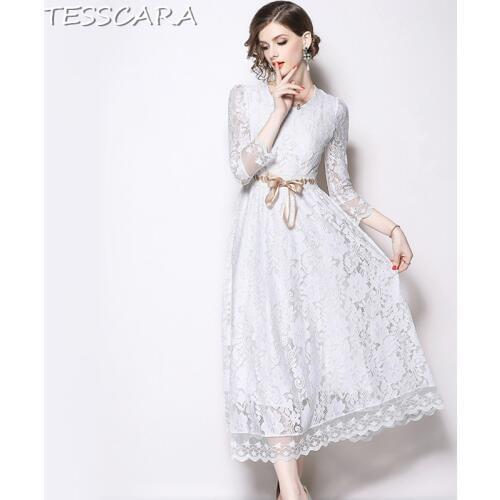 TESSCARA Women Long Elegant White Lace Dress Festa Female Fashion Designer Party Vestidos High Quality Office Vintage Robe Femme