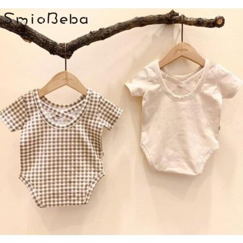 Korean Unisex Girls Boy Newborn Baby Summer Rompers Back Split Cross Triangle Siamese Cotton Creeper T-shirt Plaid Bodysuit Kids