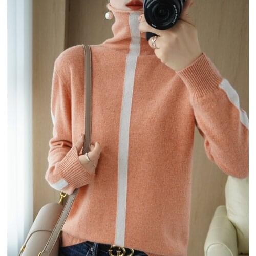 Knitted cashmere sweater womens high neck solid color simple loose pullover wool sweater 2021 autumn and winter new sweater