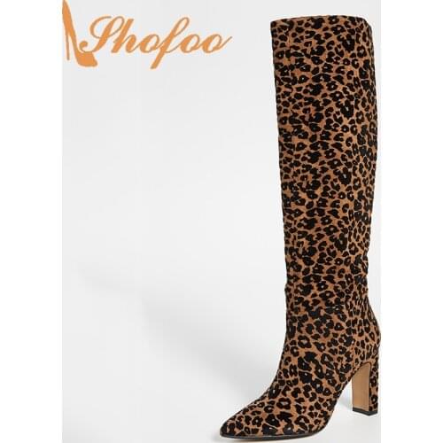 Leopard Flock Knee Long Boots High Block Heels Pointed Toe Slip On Large Size 15 16 Lady Winter Warm Fashion Women Shoes Shofoo