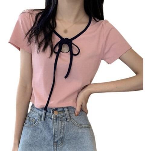 EFINNY Women T-shirt V Neck T Shirts Summer T-shirt Korean Fashion Short Sleeve Casual Top Tees