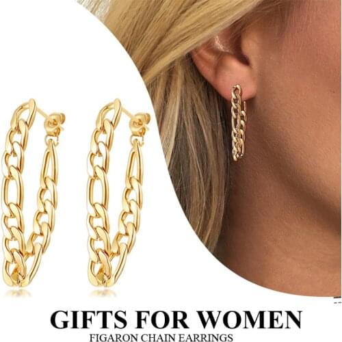 Womens Figaron Chain Ear Jackets Earring, Stainless Steel Front Back Links Dangle, Minimalist Cuff Earrings