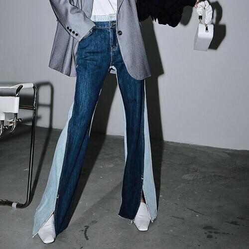 Women High Waist Patchwork Hit Color Loose Full Length Split Wide Leg Pants 2020 Autumn