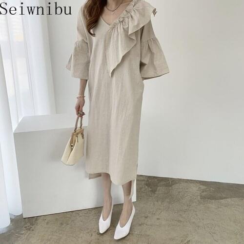 Chic Korean V-neck Solid Irregular Linen Cotton New Brief 2020 Summer Streetwear Straight Gentle Women Mid-Length Dress