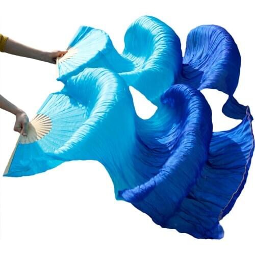 100% Real Silk Fans 1 Pair Handmade Dyed Bamboo Ribs Silk Fans Women Belly Dancing Props Silk Fans Turquoise+Royal blue 180*90cm